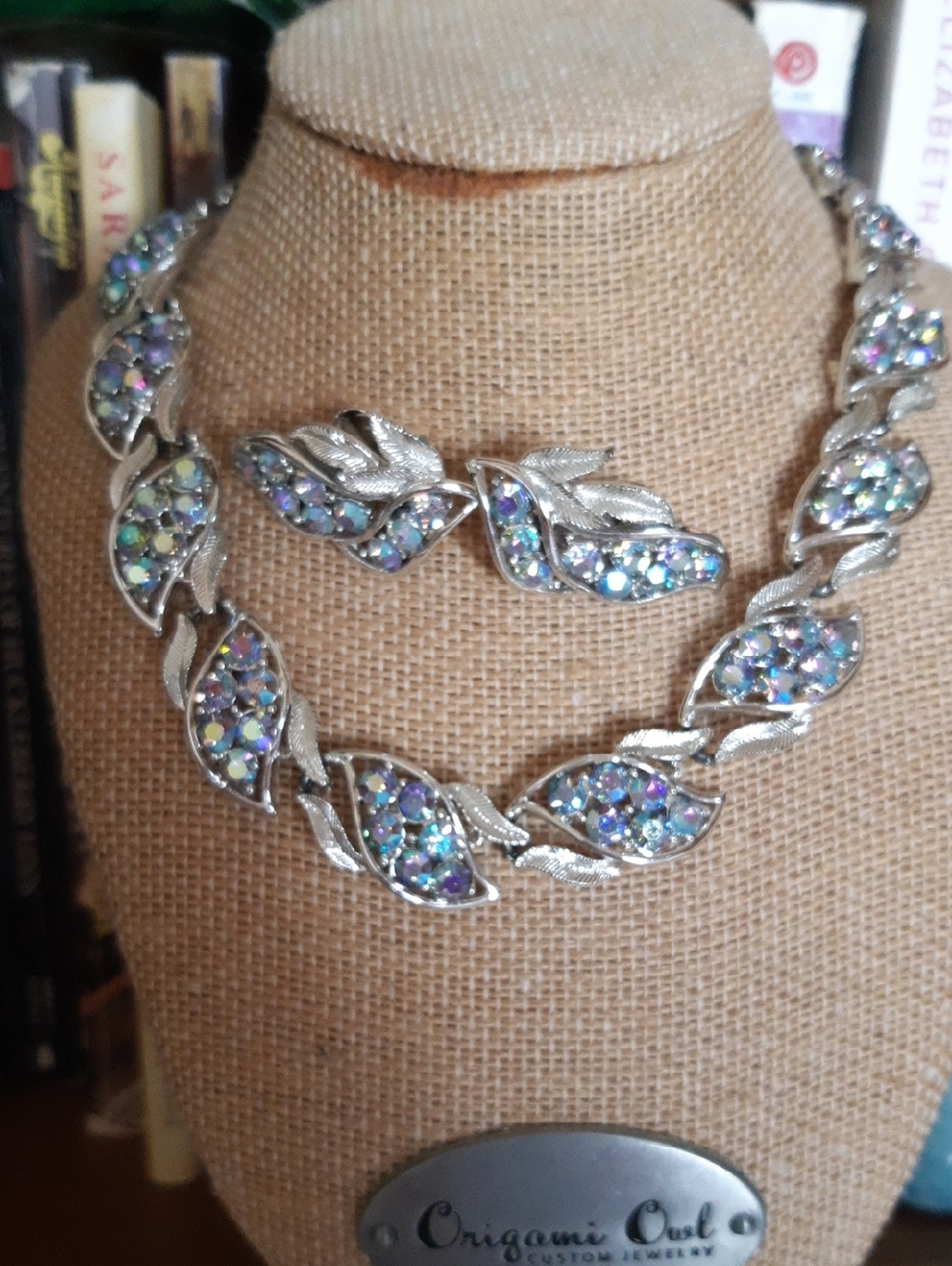 Coro Silver-Tone Leaf Necklace with Iridescent Blue-Purple Crystals